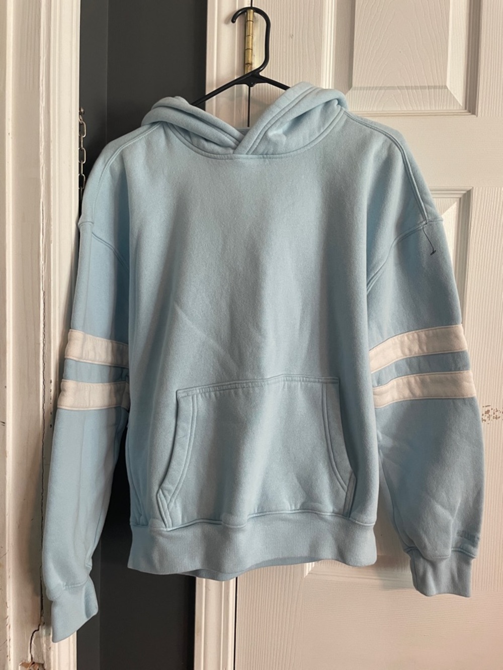 Hollister Light Blue Crewneck Hoodie with White Sleeve Stripes